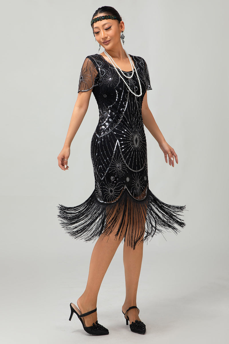 Load image into Gallery viewer, Sparkly Black Red Sequined Fringed Short 1920s Dress with Sleeves