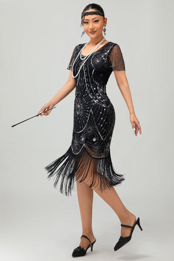 Sparkly Black Red Sequined Fringed Short 1920s Dress with Sleeves