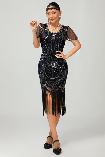 Sparkly Black Red Sequined Fringed Short 1920s Dress with Sleeves