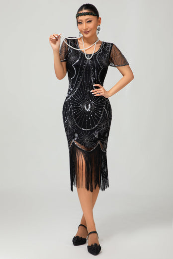 Sparkly Black Silver Short Sleeves Sequins Flapper Dress with Fringes