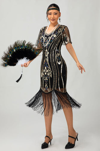 Sparkly Black Golden Sequins Bodycon Short 1920s Dress with Sleeves