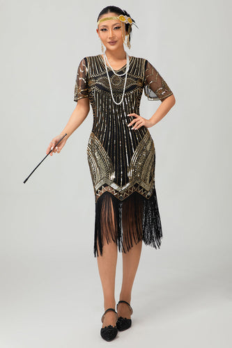 Sparkly Black Golden V-Neck Sequins Flapper Dress with Beading