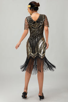 Sparkly Black Golden V-Neck Sequins Flapper Dress with Beading