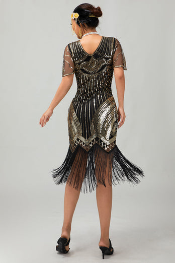 Sparkly Black Golden V-Neck Sequins Flapper Dress with Beading