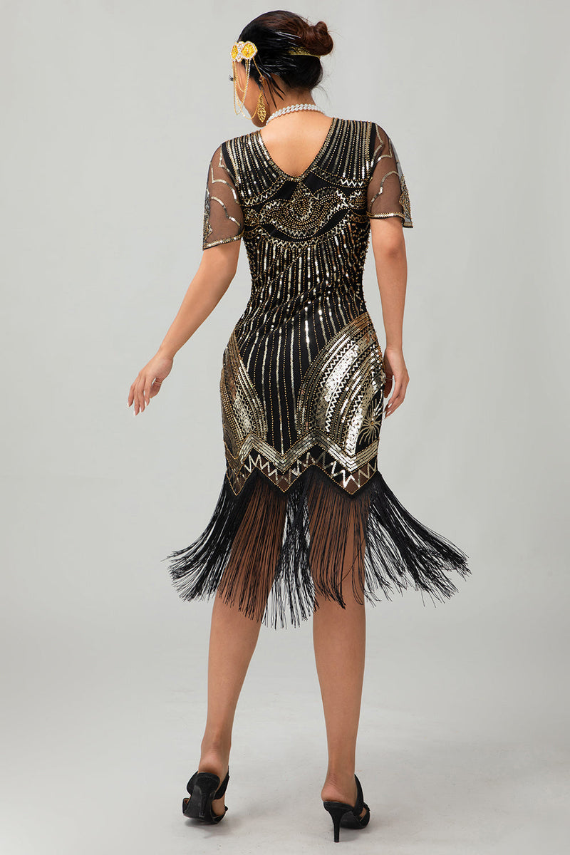 Load image into Gallery viewer, Sparkly Black Golden V-Neck Sequins Flapper Dress with Beading