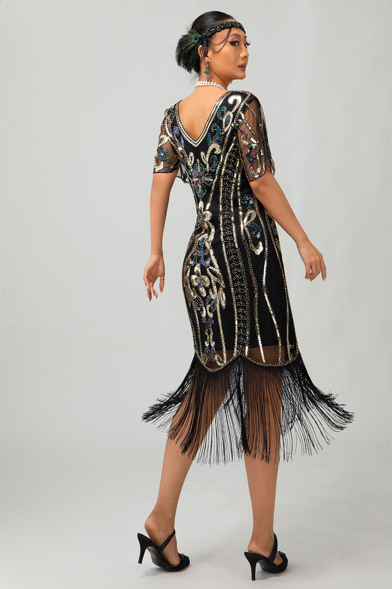 Load image into Gallery viewer, Sparkly Black Red Fringed Bodycon Flapper Dress with Sleeves