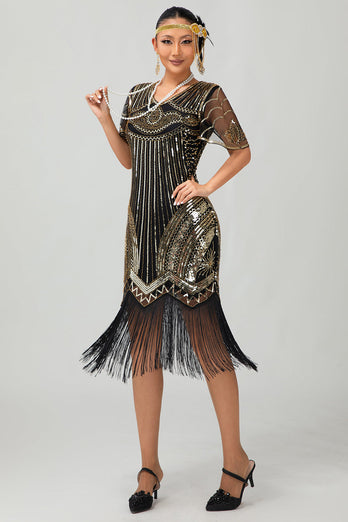 Sparkly Black Golden V-Neck Sequins Flapper Dress with Beading