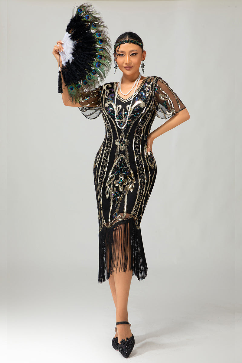 Load image into Gallery viewer, Sparkly Black Red Fringed Bodycon Flapper Dress with Sleeves