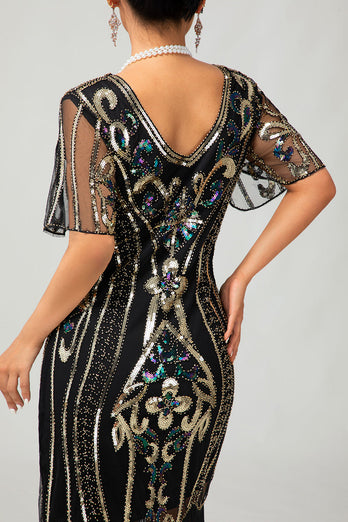 Sparkly Black Golden Sequins Bodycon Short 1920s Dress with Sleeves
