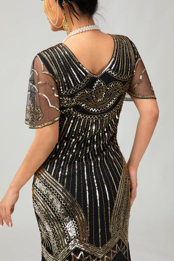 Sparkly Black Golden V-Neck Sequins Flapper Dress with Beading