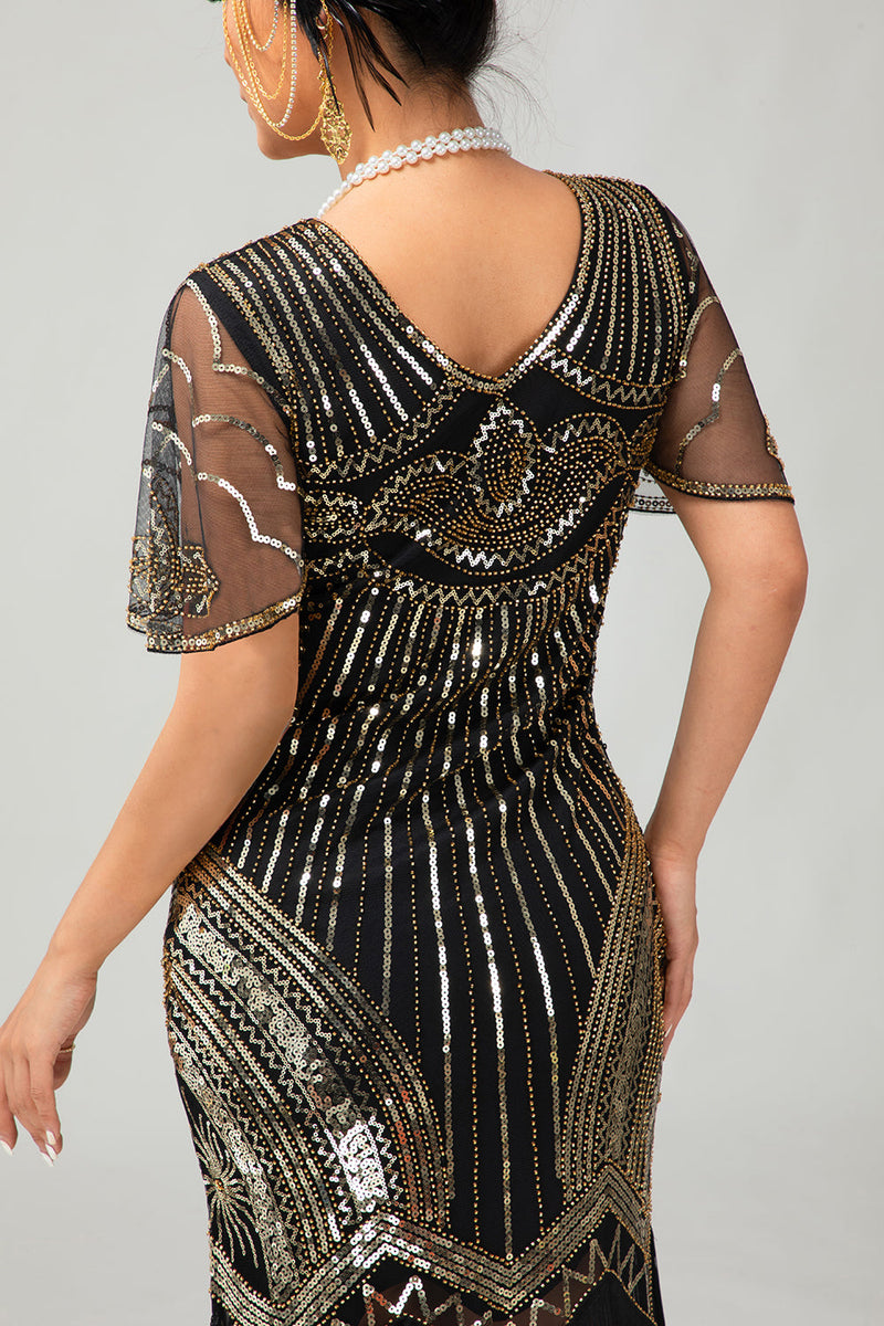 Load image into Gallery viewer, Sparkly Black Golden V-Neck Sequins Flapper Dress with Beading