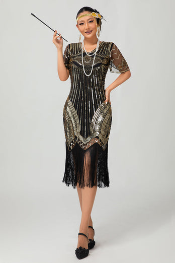 Sparkly Black Golden V-Neck Sequins Flapper Dress with Beading