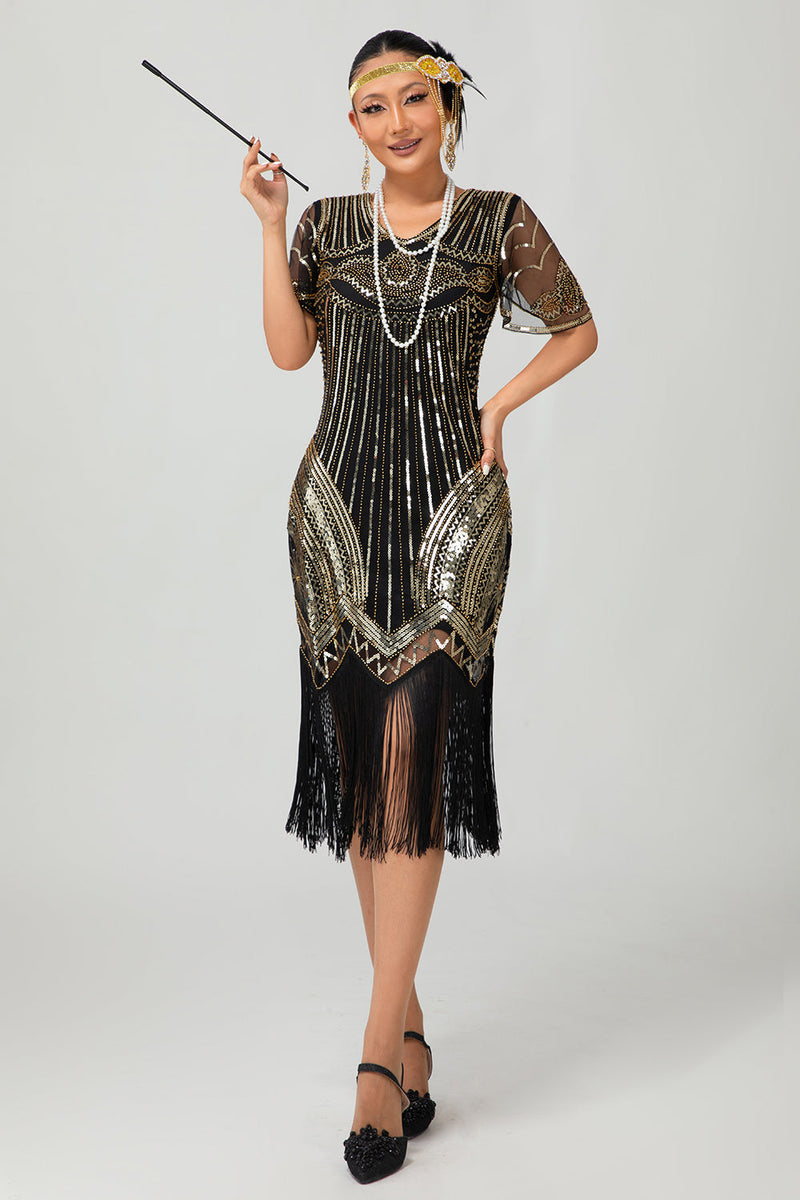 Load image into Gallery viewer, Sparkly Black Golden V-Neck Sequins Flapper Dress with Beading