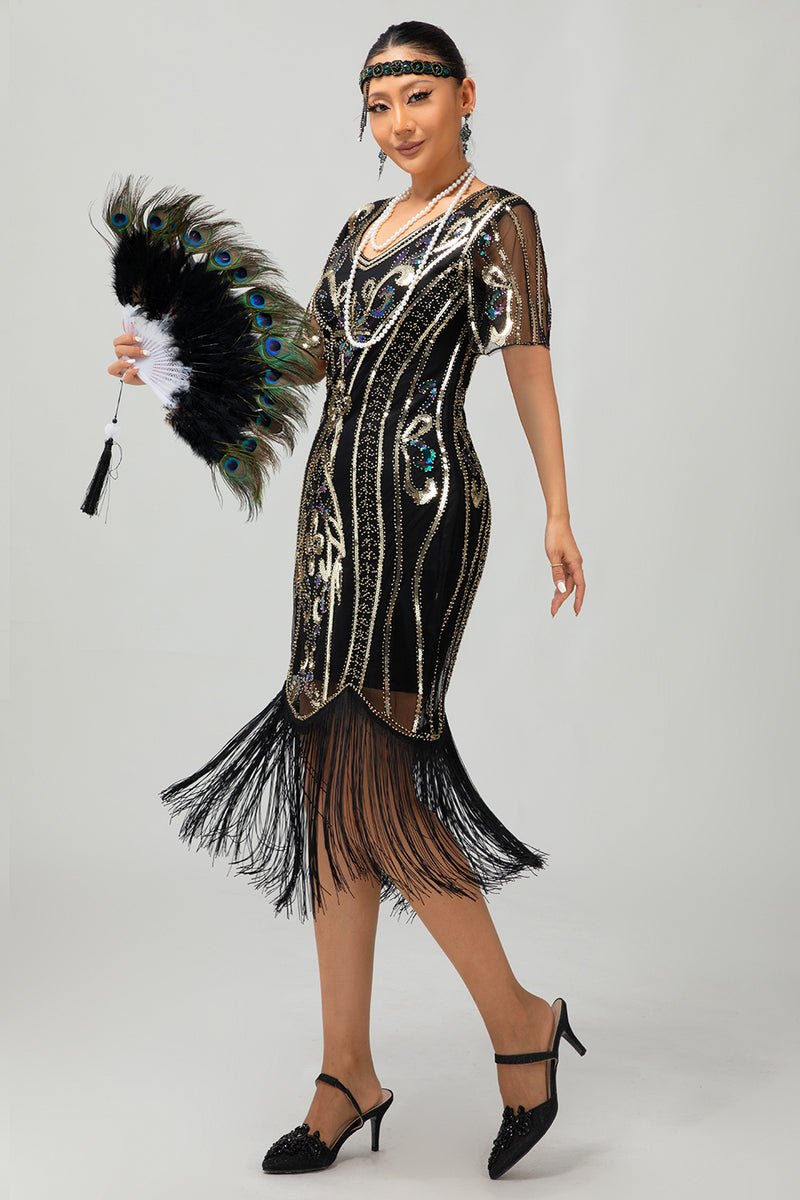 Load image into Gallery viewer, Sparkly Black Red Fringed Bodycon Flapper Dress with Sleeves