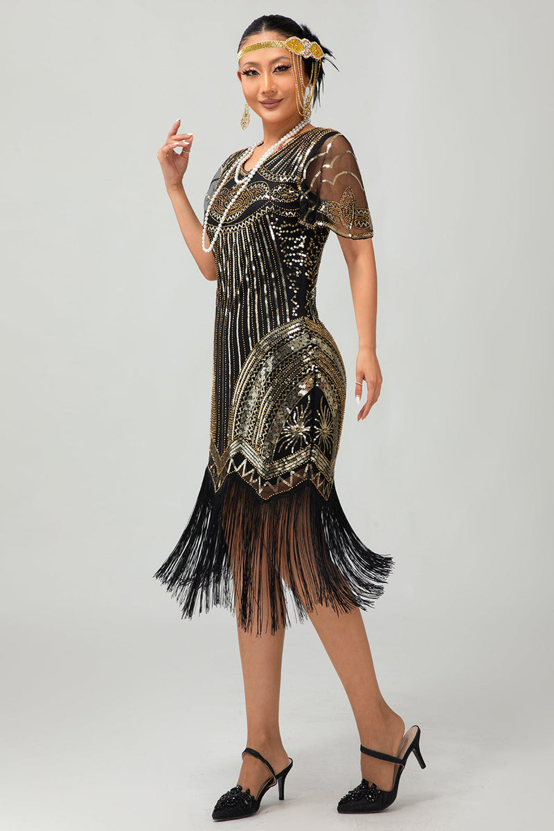 Load image into Gallery viewer, Sparkly Black Golden V-Neck Sequins Flapper Dress with Beading