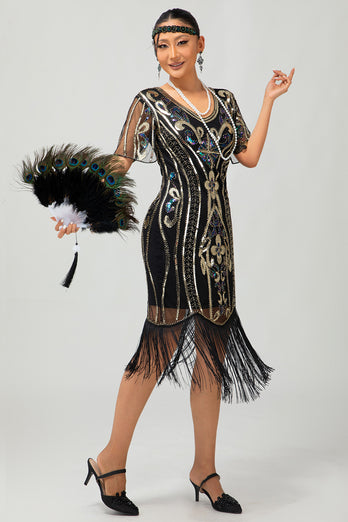 Sparkly Black Red Fringed Bodycon Flapper Dress with Sleeves