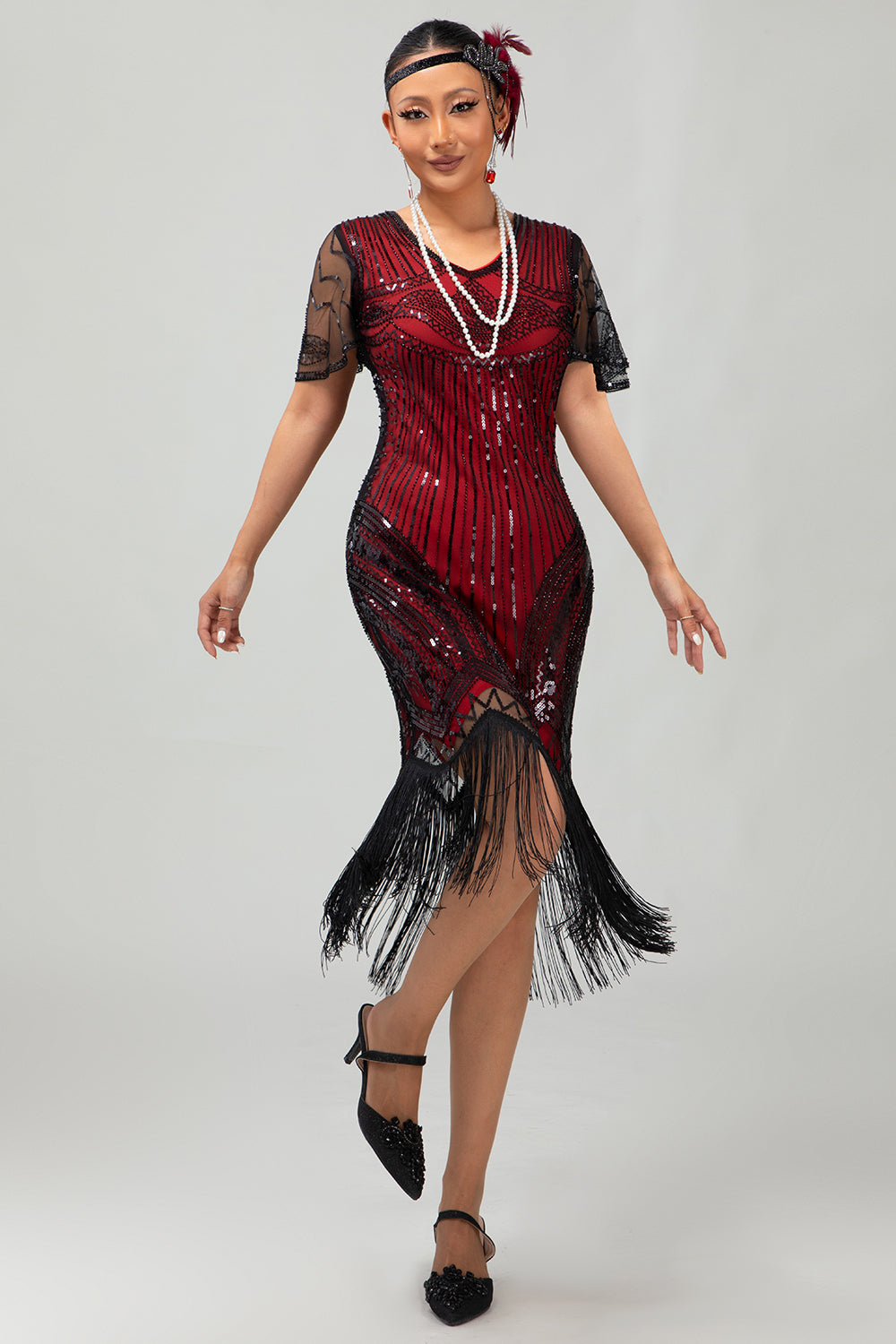 Sparkly Black Red Fringed Bodycon Flapper Dress with Sleeves