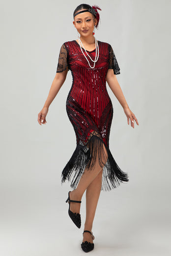Sparkly Black Golden V-Neck Sequins Flapper Dress with Beading