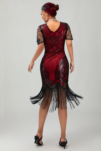 Sparkly Black Red Fringed Bodycon Flapper Dress with Sleeves