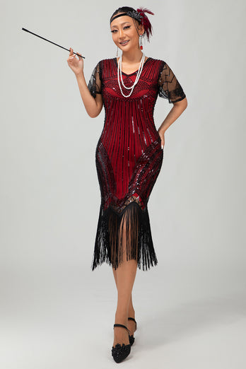 Sparkly Black Golden V-Neck Sequins Flapper Dress with Beading