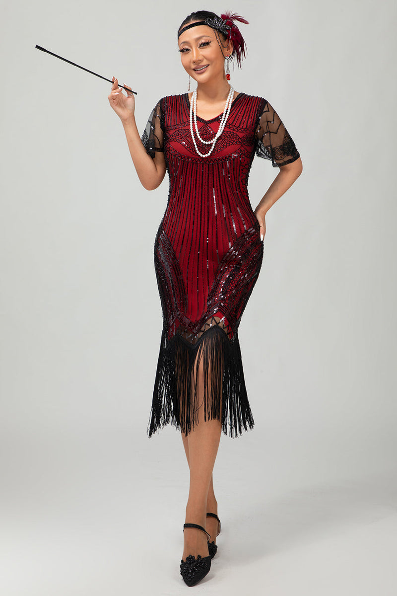 Load image into Gallery viewer, Sparkly Black Red Fringed Bodycon Flapper Dress with Sleeves