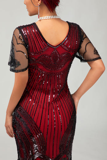 Sparkly Black Red Fringed Bodycon Flapper Dress with Sleeves