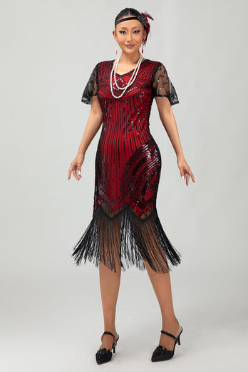 Sparkly Black Red Fringed Bodycon Flapper Dress with Sleeves