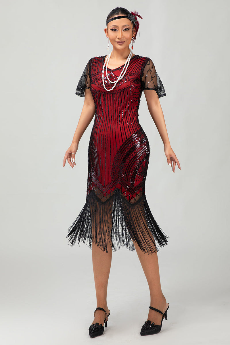Load image into Gallery viewer, Sparkly Black Red Fringed Bodycon Flapper Dress with Sleeves