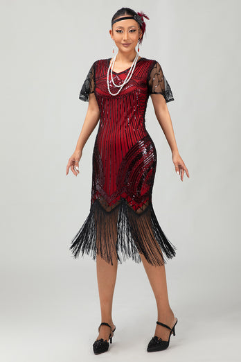 Sparkly Black Golden V-Neck Sequins Flapper Dress with Beading