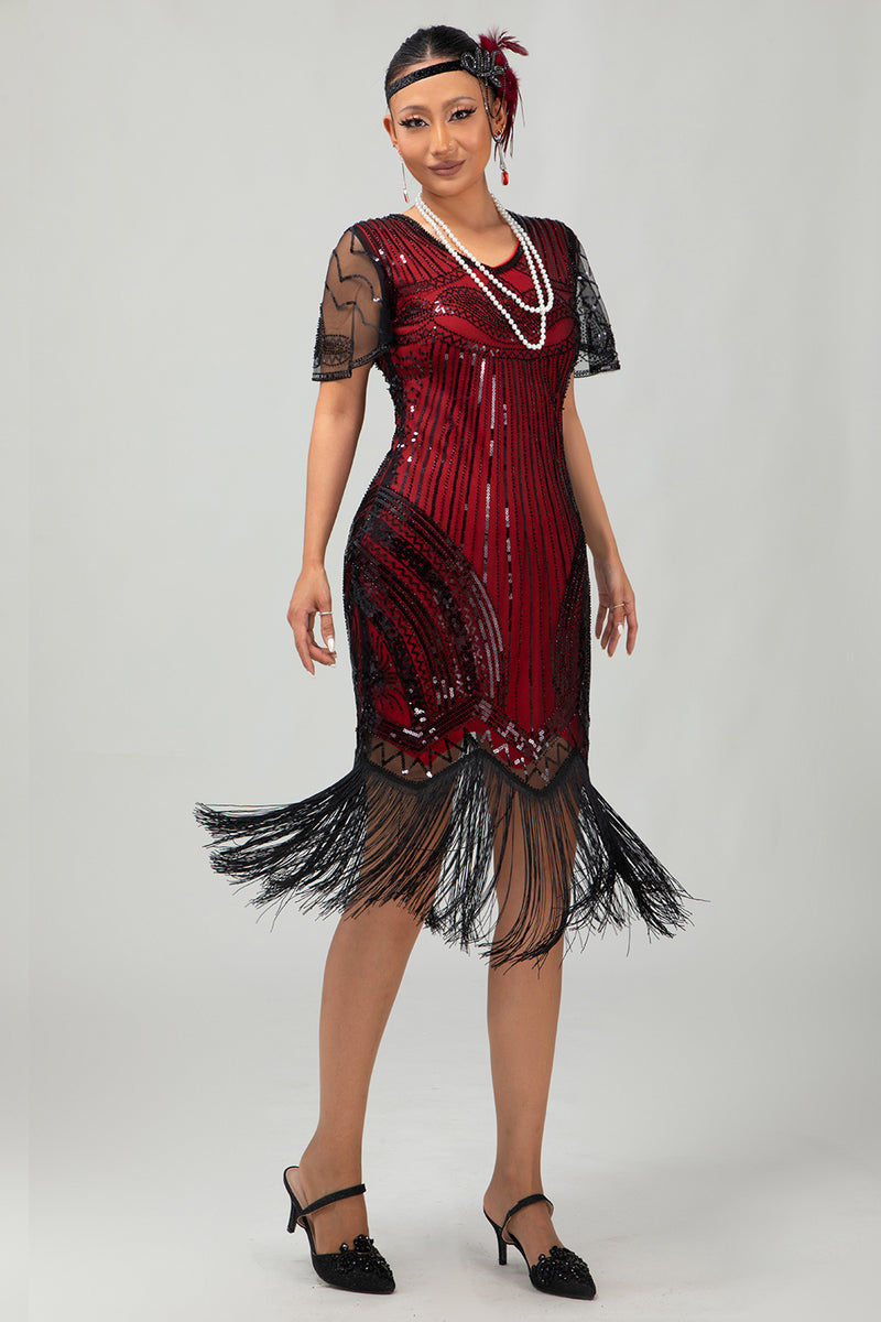 Load image into Gallery viewer, Sparkly Black Golden V-Neck Sequins Flapper Dress with Beading