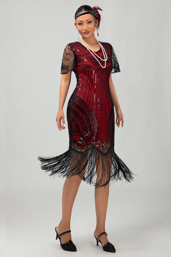 Sparkly Black Red Fringed Bodycon Flapper Dress with Sleeves