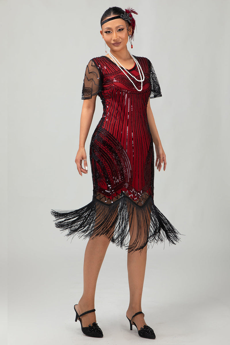 Load image into Gallery viewer, Sparkly Black Red Fringed Bodycon Flapper Dress with Sleeves