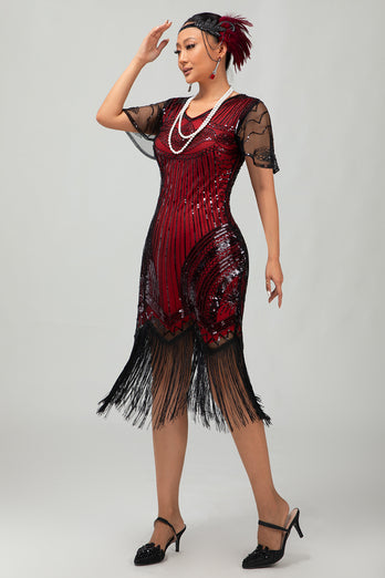 Sparkly Black Golden V-Neck Sequins Flapper Dress with Beading