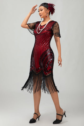 Sparkly Black Red Fringed Bodycon Flapper Dress with Sleeves