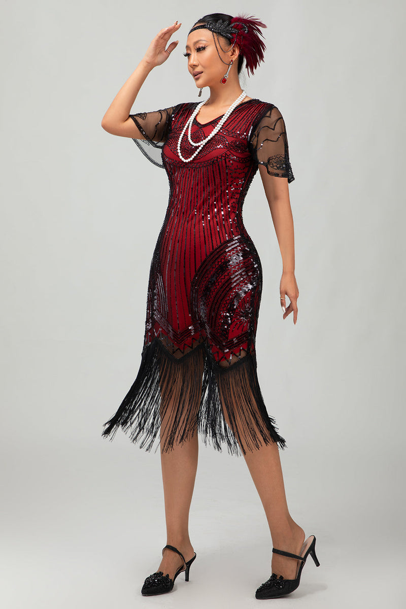 Load image into Gallery viewer, Sparkly Black Red Fringed Bodycon Flapper Dress with Sleeves