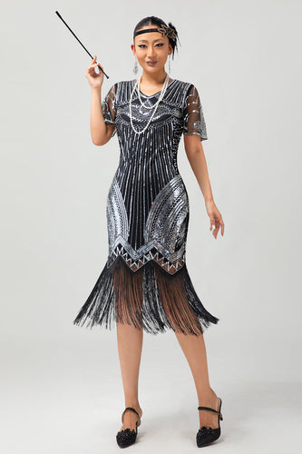 Sparkly Black Silver Fringed Bodycon Flapper Dress with Sleeves