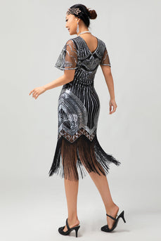 Sparkly Black Silver Fringed Bodycon Flapper Dress with Sleeves