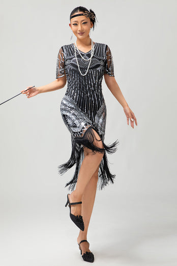 Sparkly Black Silver Fringed Bodycon Flapper Dress with Sleeves
