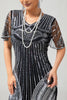 Load image into Gallery viewer, Sparkly Black Silver Fringed Bodycon Flapper Dress with Sleeves