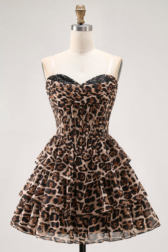 Brown Leopard Sweetheart Short Tiered Corset Prom Dress
