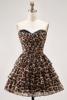 Brown Sweetheart Leopard Tiered Short Corset Prom Dress