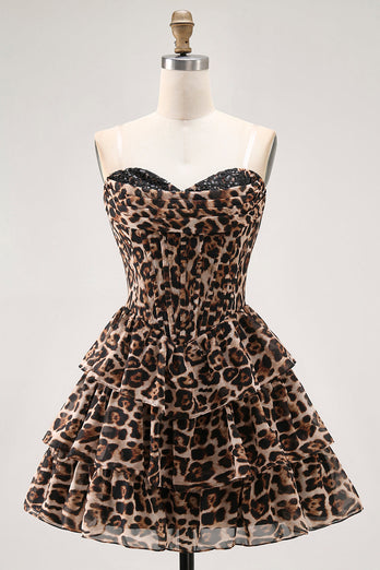 Brown Leopard Sweetheart Short Tiered Corset Prom Dress