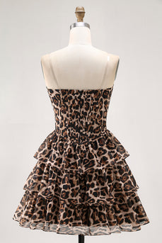 Brown Leopard Sweetheart Short Tiered Corset Prom Dress