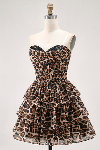 Brown Leopard Sweetheart Short Tiered Corset Prom Dress