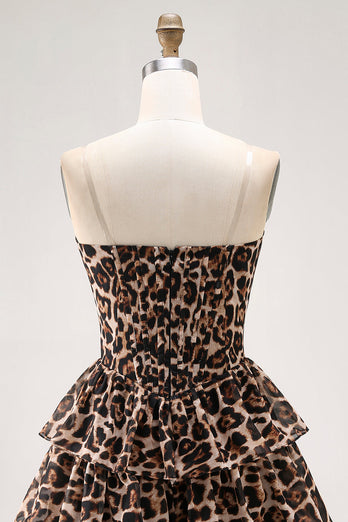 Brown Leopard Sweetheart Short Tiered Corset Prom Dress