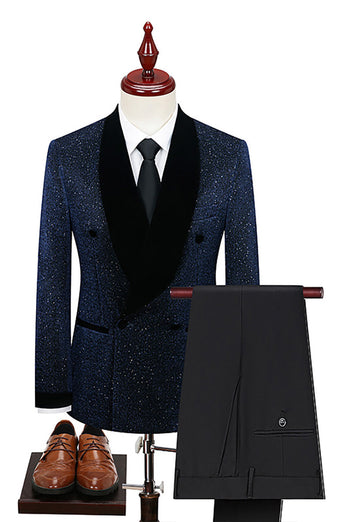 Sparkly 2 Piece Navy Shawl Lapel Prom Men's Suits