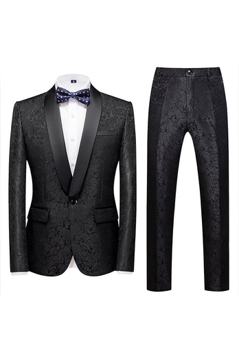 2 Piece Jacquard Blue Shawl Lapel Prom Men's Suits