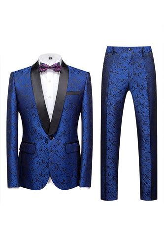 2 Piece Jacquard Blue Shawl Lapel Prom Men's Suits