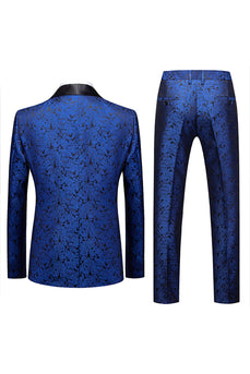 2 Piece Jacquard Blue Shawl Lapel Prom Men's Suits