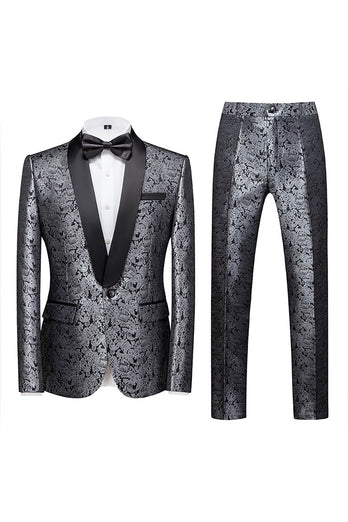 2 Piece Jacquard Blue Shawl Lapel Prom Men's Suits